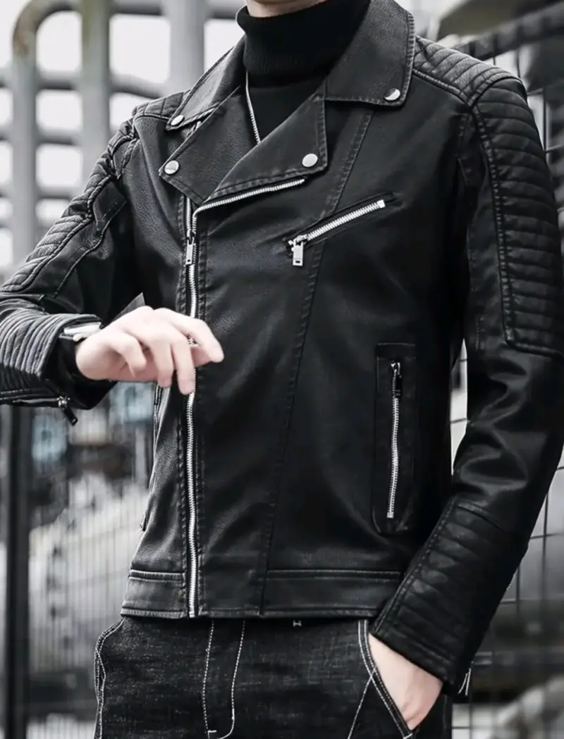 Chaqueta de cuero negra estilo motociclista - 6