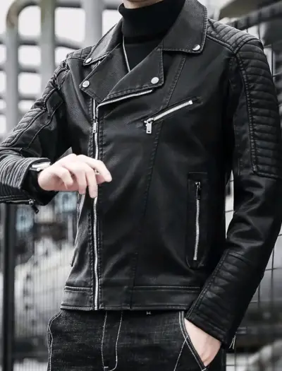 Chaqueta de cuero negra estilo motociclista - miniatura 6