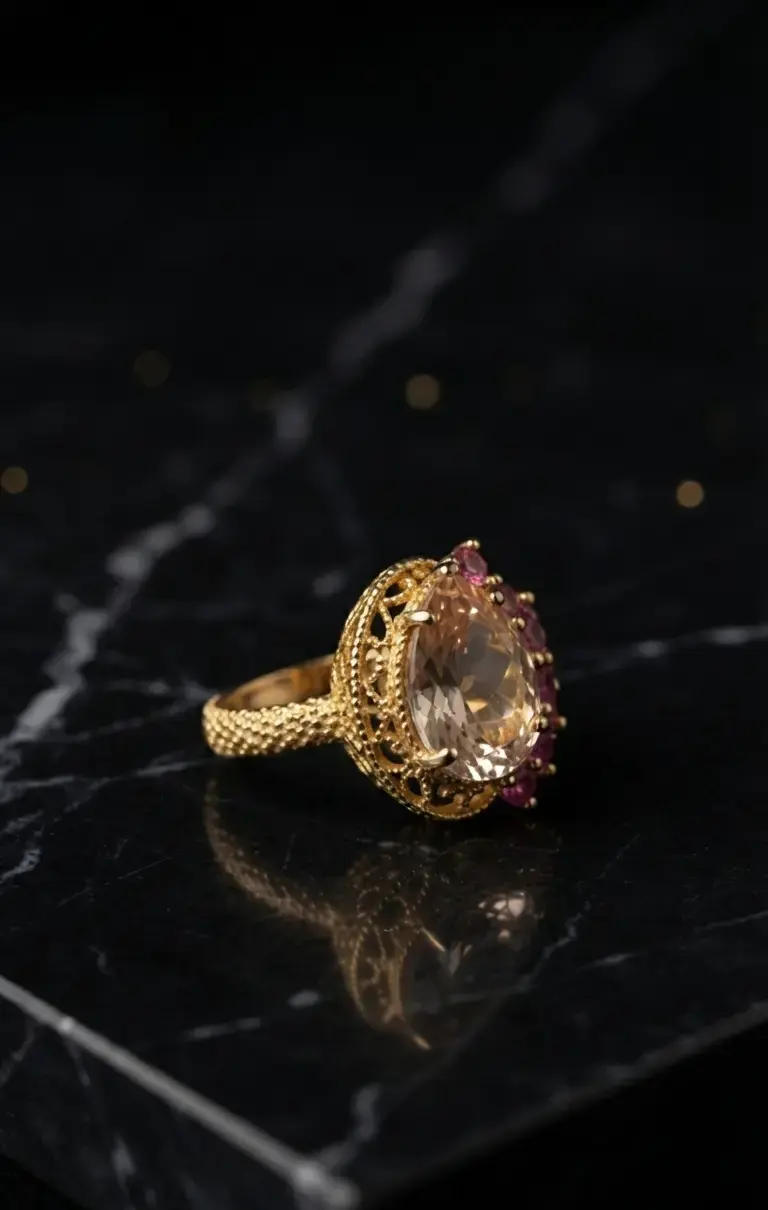 Anillo Dorado con Gema Central y Cristales Rosa - 1