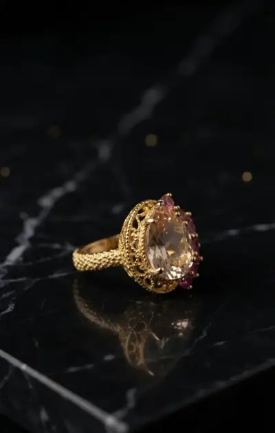Anillo Dorado con Gema Central y Cristales Rosa - miniatura 1