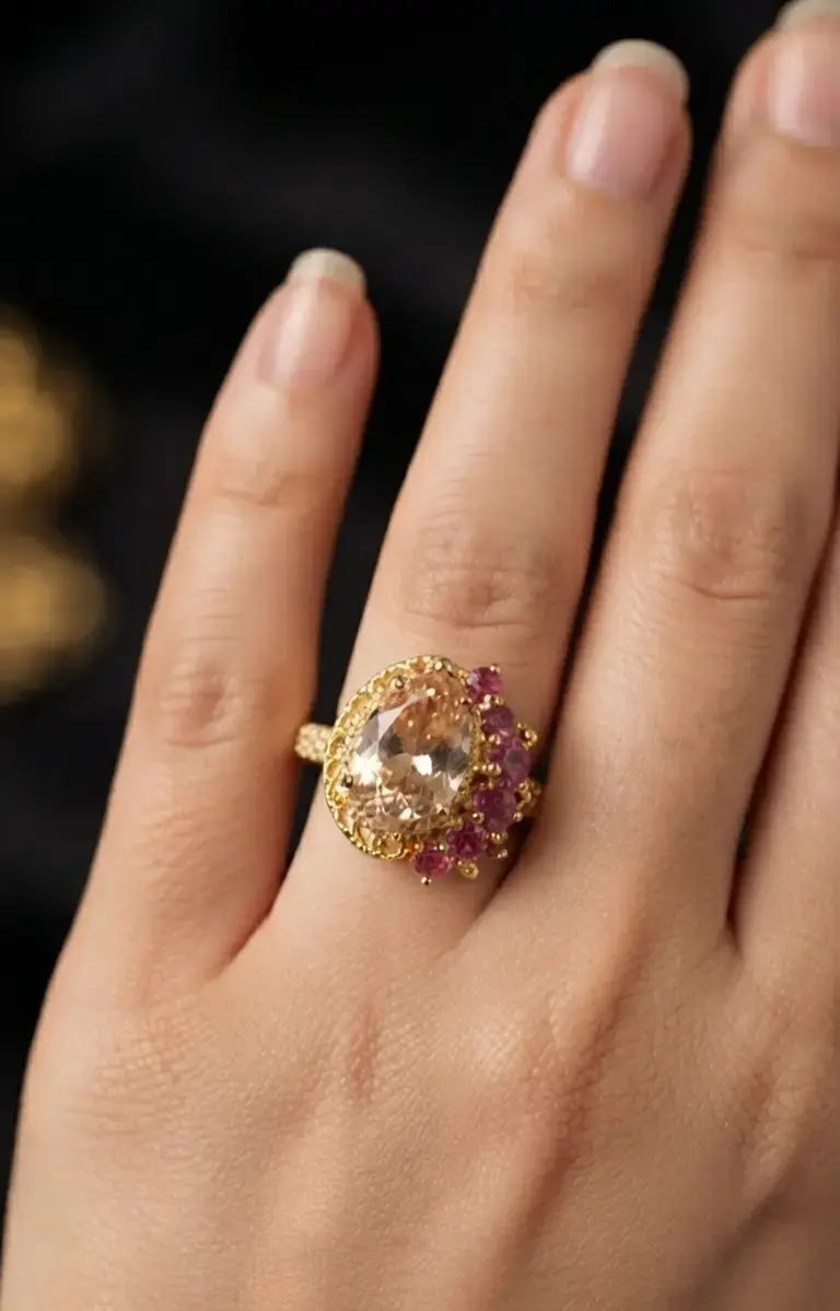 Anillo Dorado con Gema Central y Cristales Rosa - 2