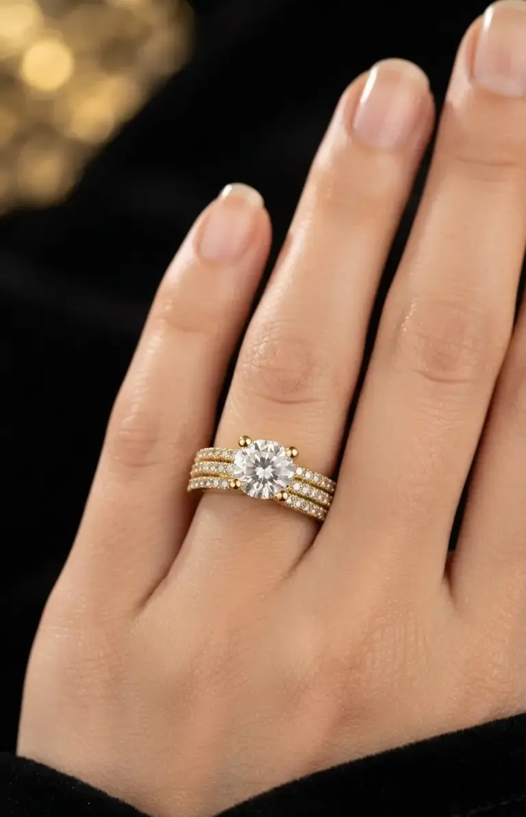 Anillo Solitario Clásico con Bandas Pavé - 2