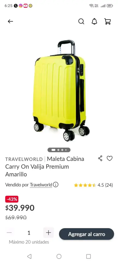 Maleta de viaje amarilla con ruedas - miniatura 2