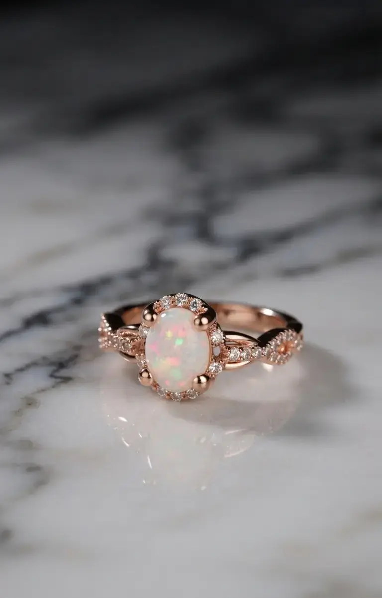 Anillo Ópalo Ovalado y Halo de Diamantes - 1