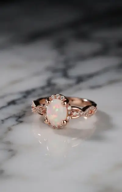 Anillo Ópalo Ovalado y Halo de Diamantes - miniatura 1
