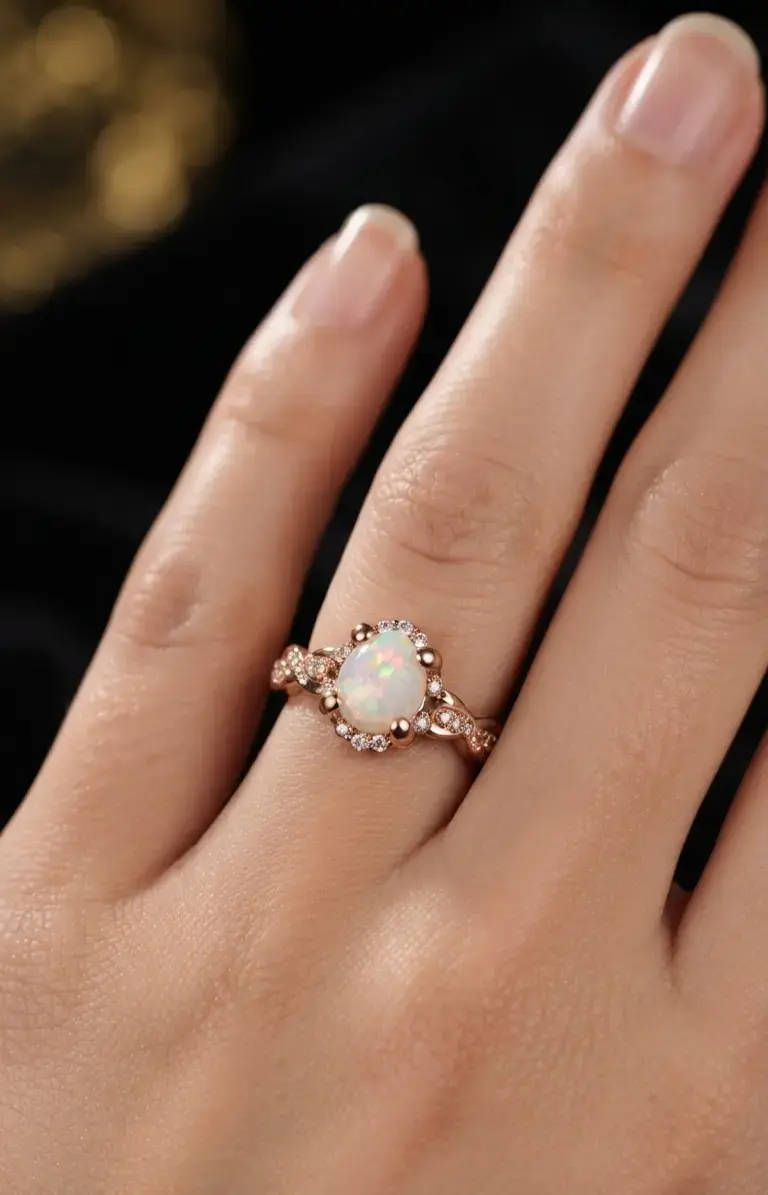 Anillo Ópalo Ovalado y Halo de Diamantes - 2