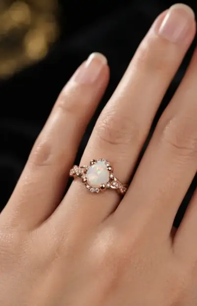 Anillo Ópalo Ovalado y Halo de Diamantes - miniatura 2