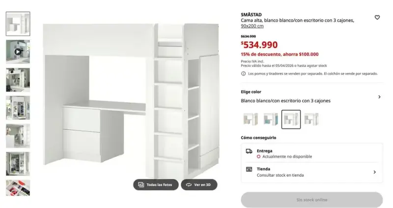Cama alta con escritorio y closet SMASTAD Ikea - 2