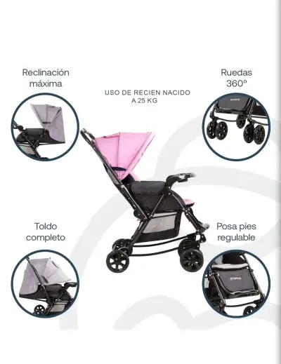 Coche de bebé rosa Bebesit con toldo ajustable - miniatura 5