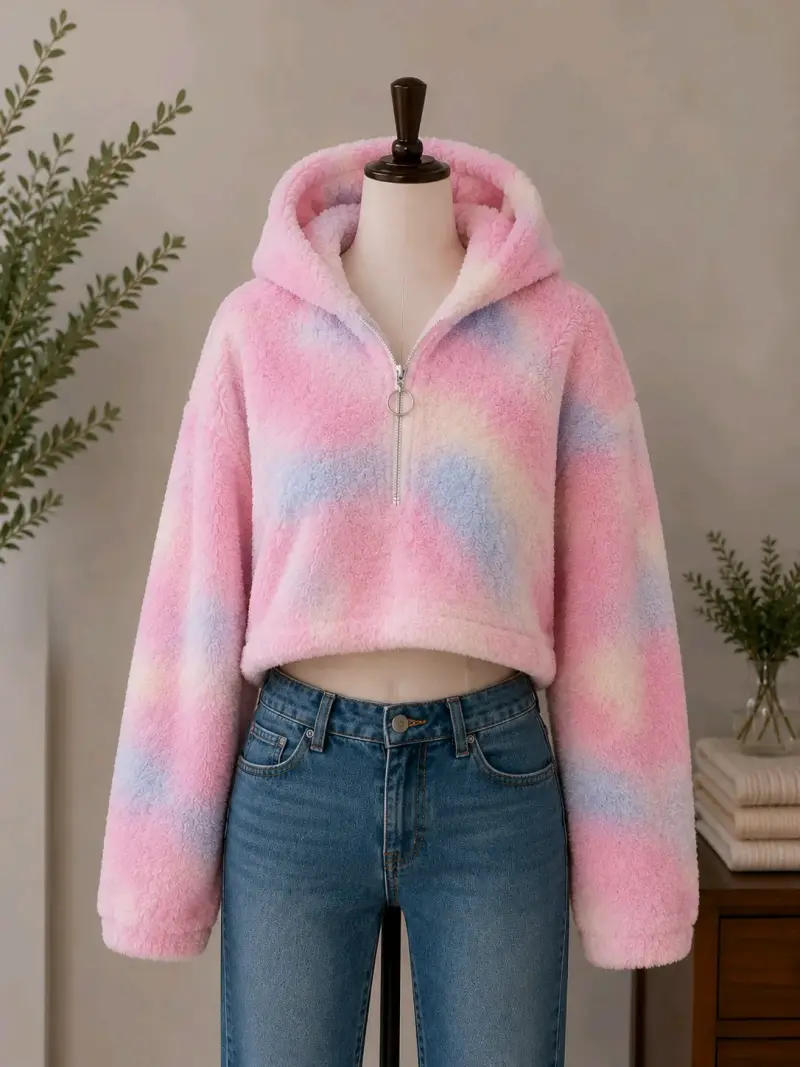 Polerón de felpa con capucha multicolor para mujer