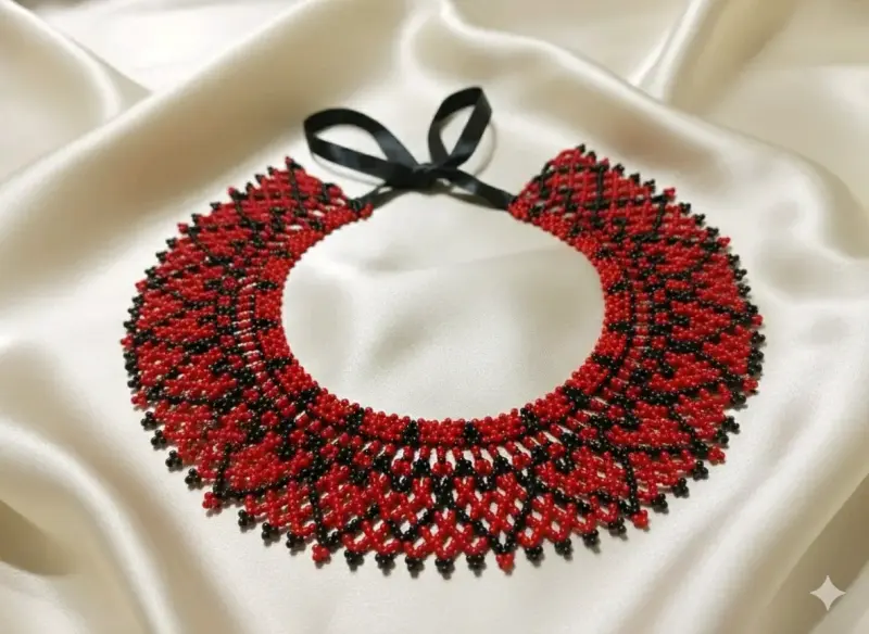 Collar artesanal de mostacillas rojo y negro - 2