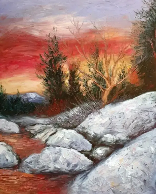 Cuadro de paisaje nevado al atardecer