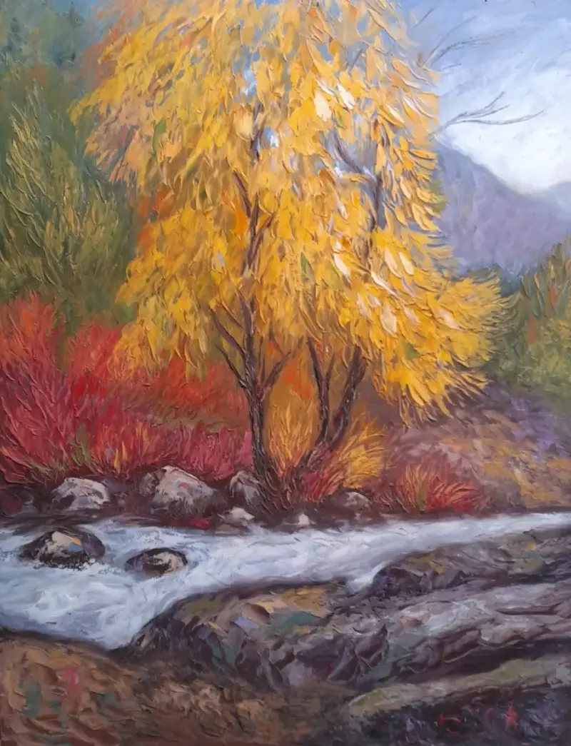 Cuadro de paisaje otoñal con río