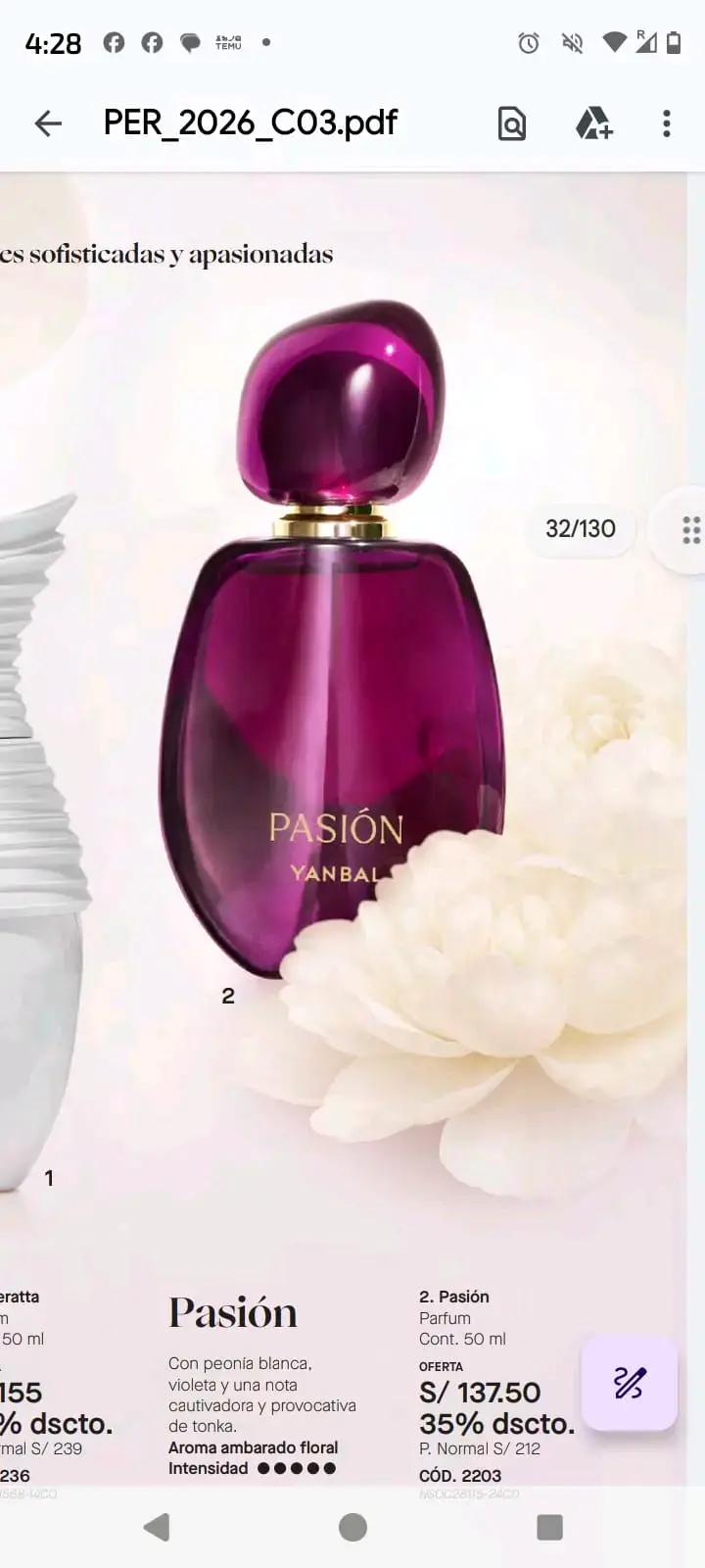Perfume Pasión Yanbal 50 ml con aroma floral