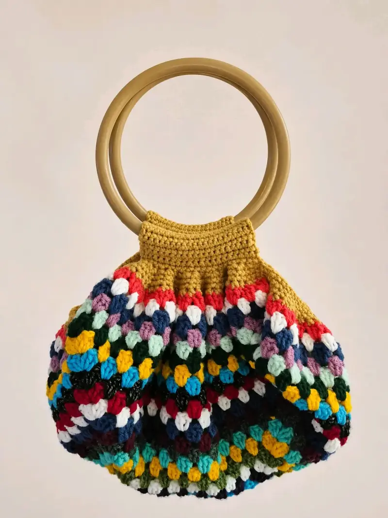 Bolso de mano tejido multicolor con asas circulares