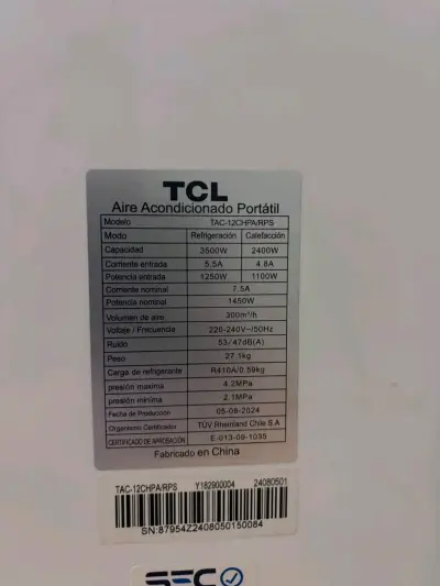 Aire Acondicionado Portátil TCL. CALIENTE / FRÍO - miniatura 6