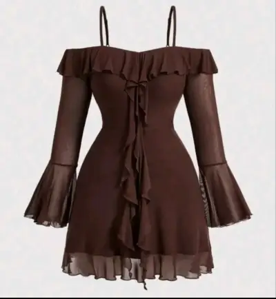 Vestido marrón con volantes y hombros descubiertos - miniatura 1