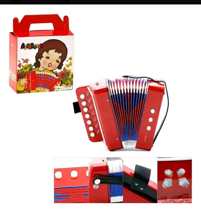 Acordeón infantil rojo con diseño colorido