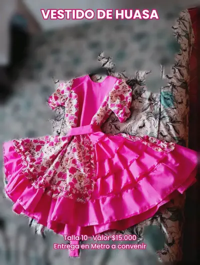 Vestido de huasa niña color rosa floral TALLA 10 - miniatura 1