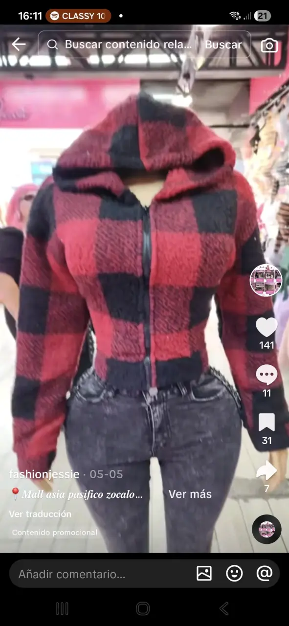 Chaqueta de lana con capucha a cuadros rojos y negros - 1
