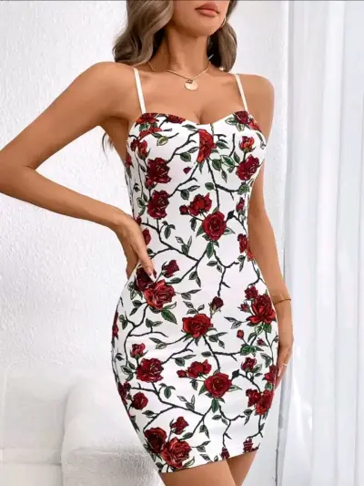Vestido ajustado con estampado de rosas - miniatura 1