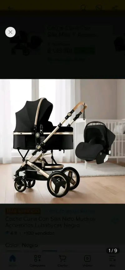 Coche cuna con silla nido Lubabycas negro - miniatura 1