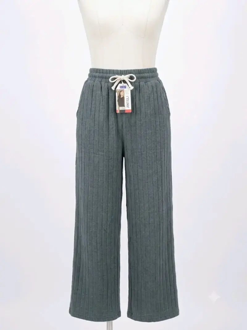 Pantalones de punto gris para mujer con cordón - 1