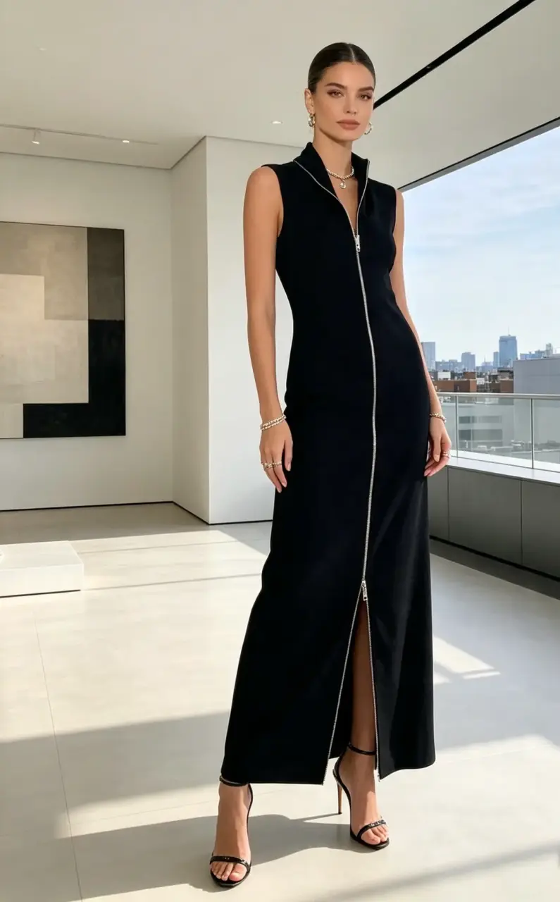 Vestido Zara largo negro sin mangas con cierre - 1