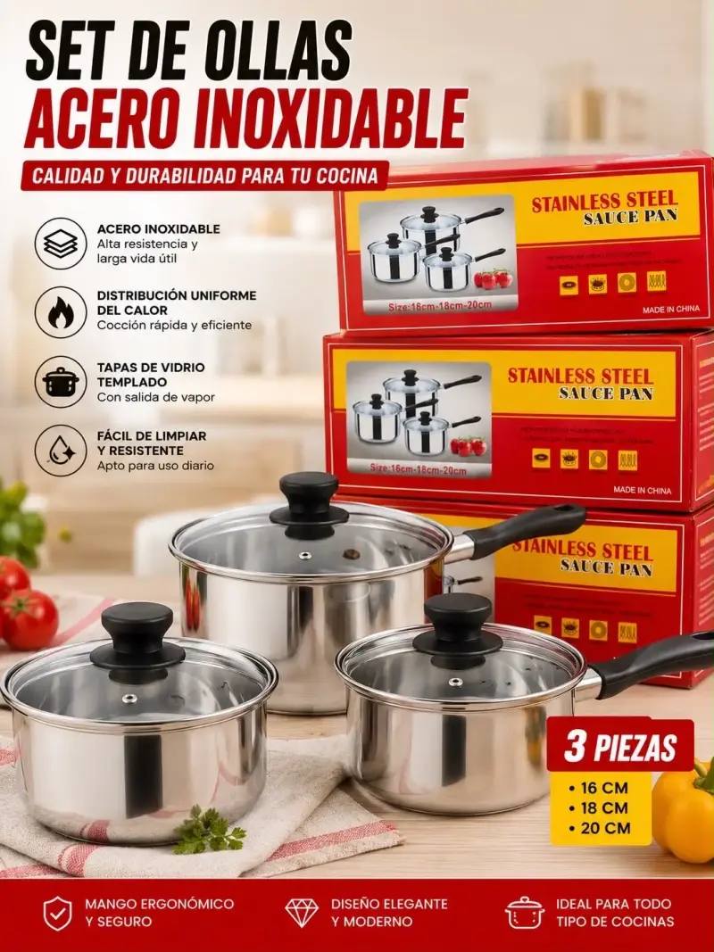 Set de ollas de acero inoxidable 3 piezas