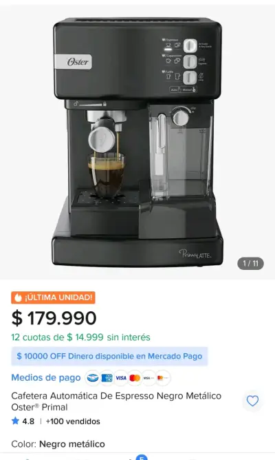 Cafetera Automática Espresso Oster PrimaLatte Negra - miniatura 1
