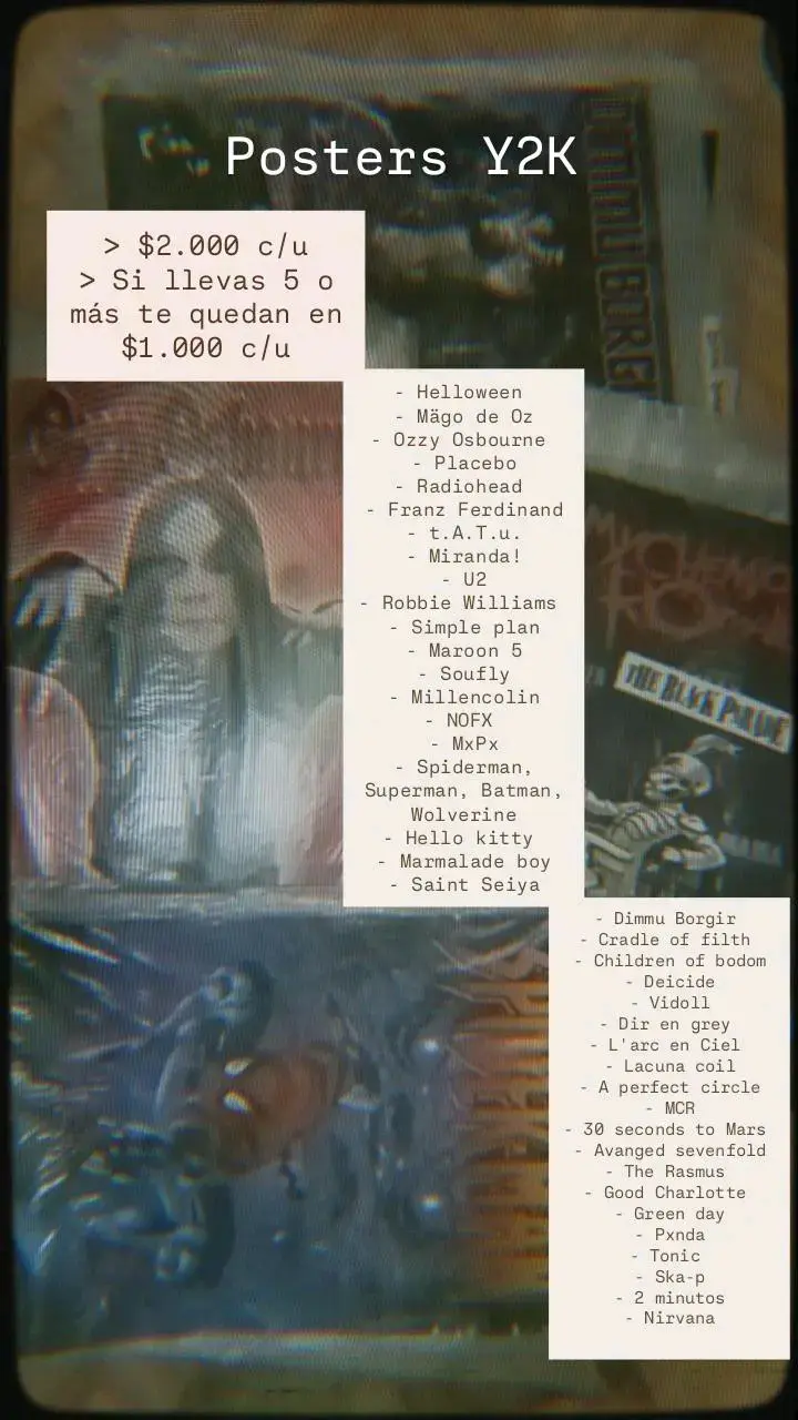 Posters Y2K de bandas y personajes icónicos