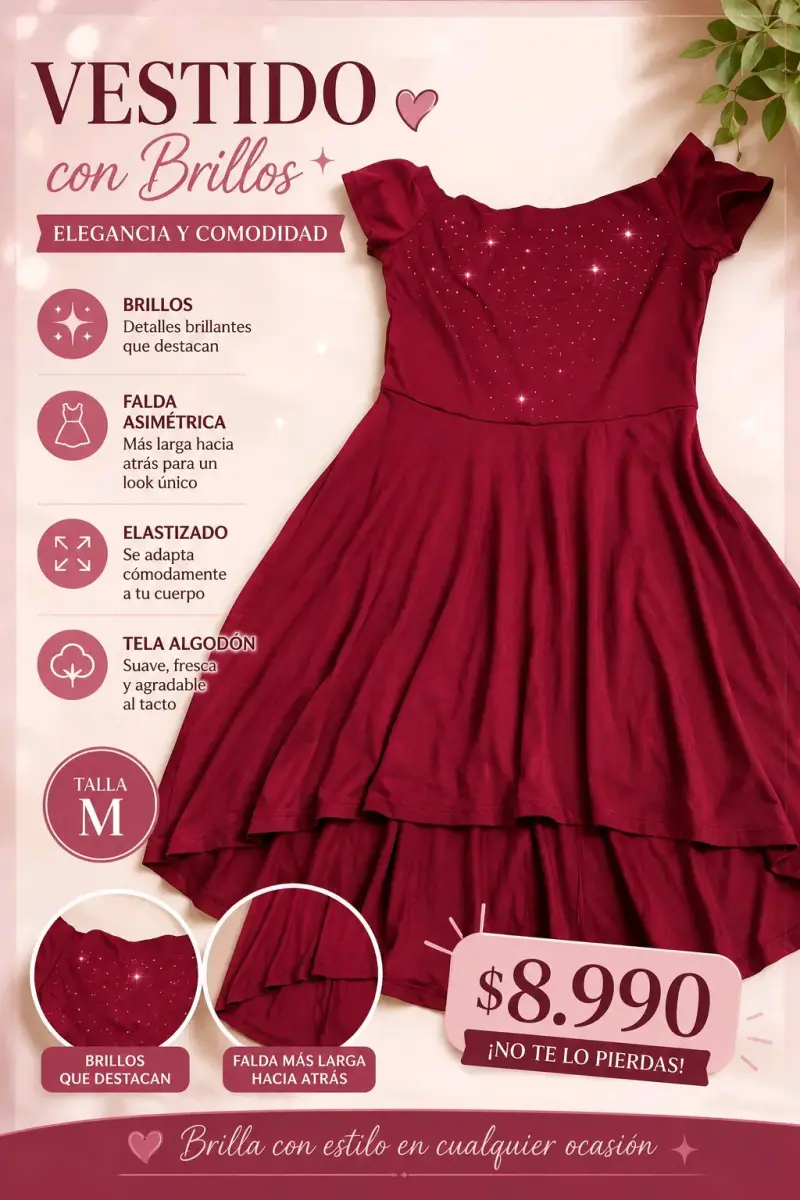 Vestido burdeos con brillos y falda asimétrica