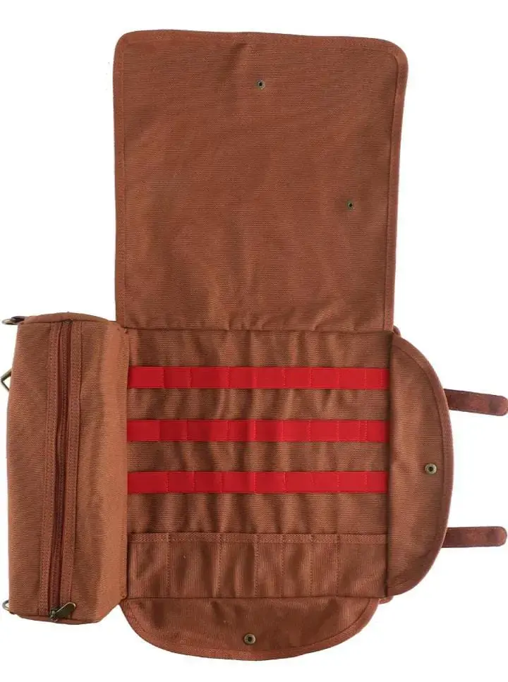 Mochila de lona marrón con detalles rojos - 4