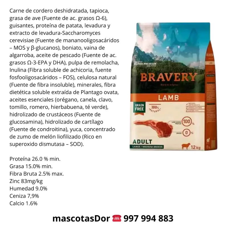 Alimento para Perros Bravery Cordero Adulto 12kg - 2