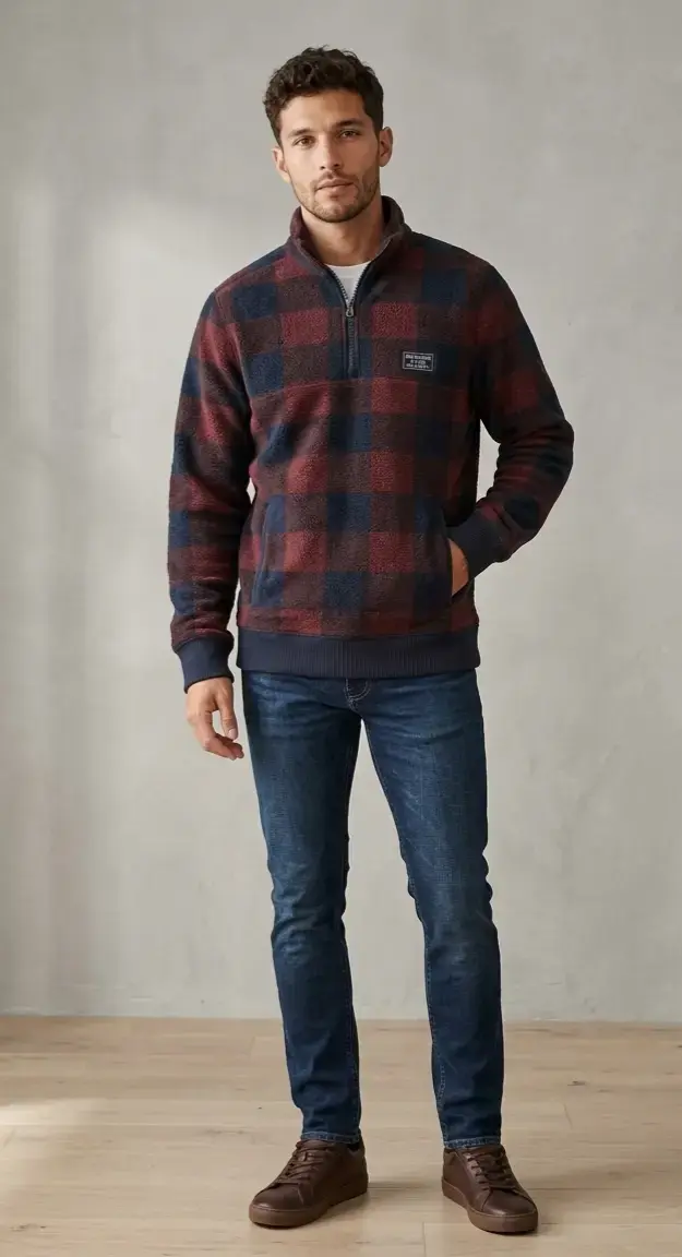 Suéter de polar a cuadros para hombre - 1