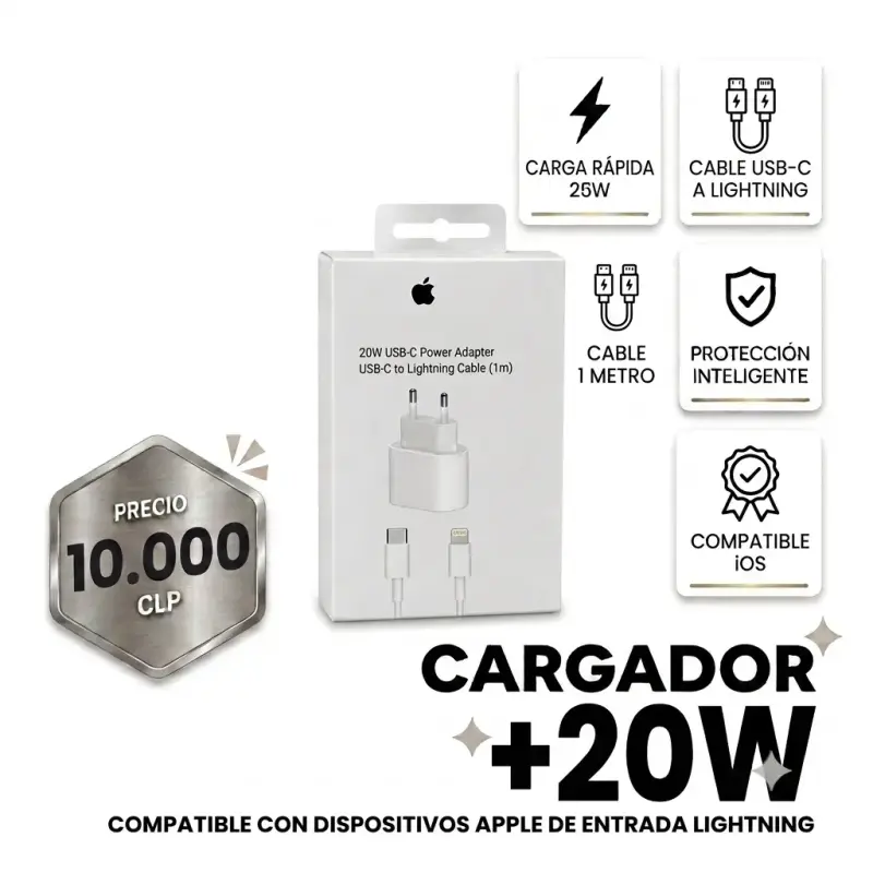 Cargador Apple 20W USB-C a Lightning OEM
