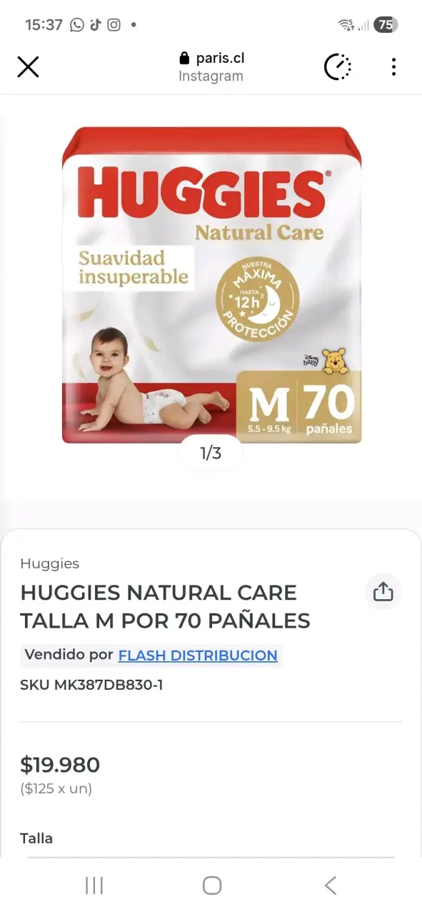 Pañales Huggies Natural Care Talla M 70 unidades
