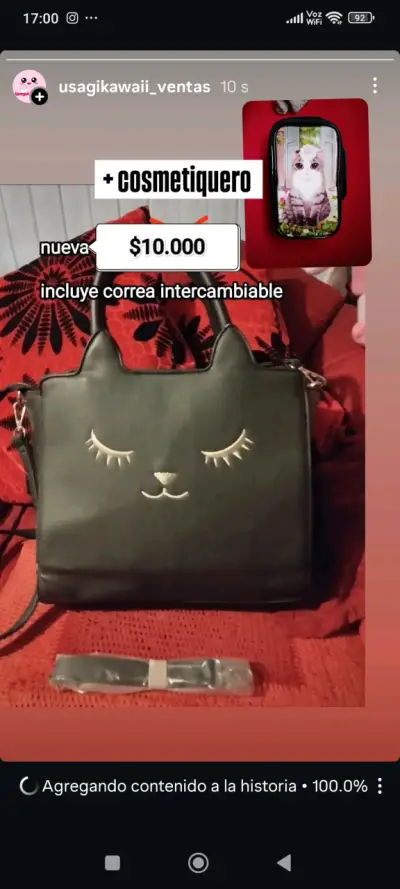 Bolso negro con diseño de gato y cosmetiquero - miniatura 1