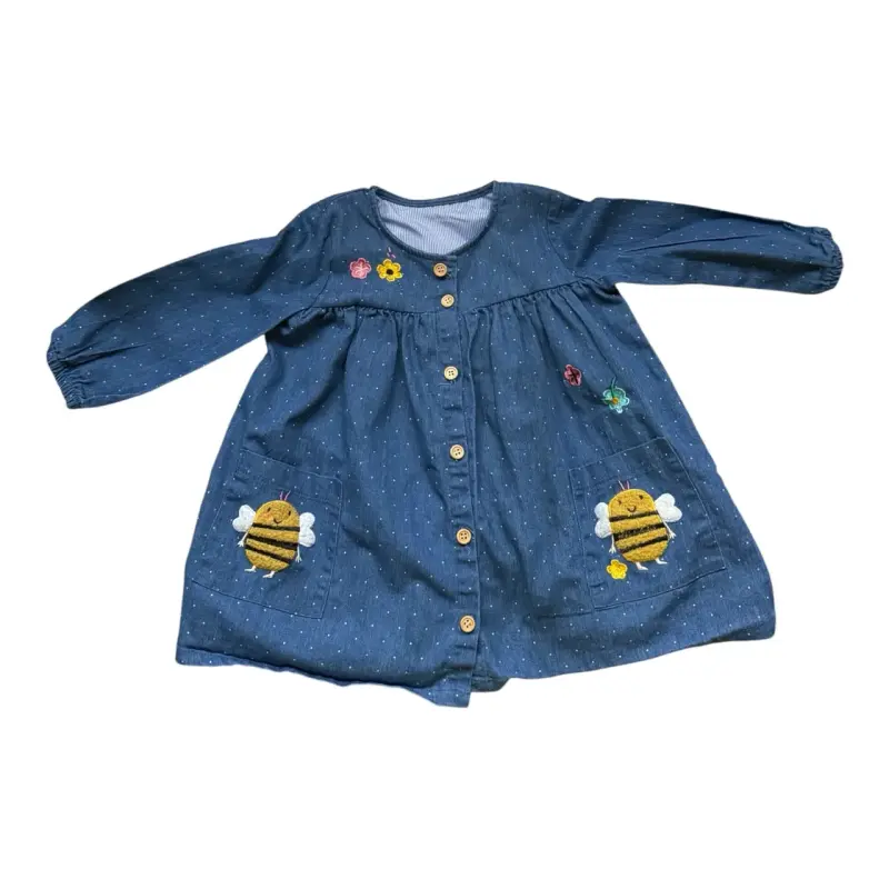 Vestido de niña azul con bordados de abejas - 1