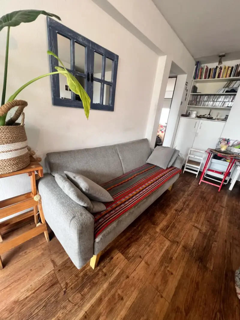 Sofá gris moderno con cojines y manta decorativa - 3