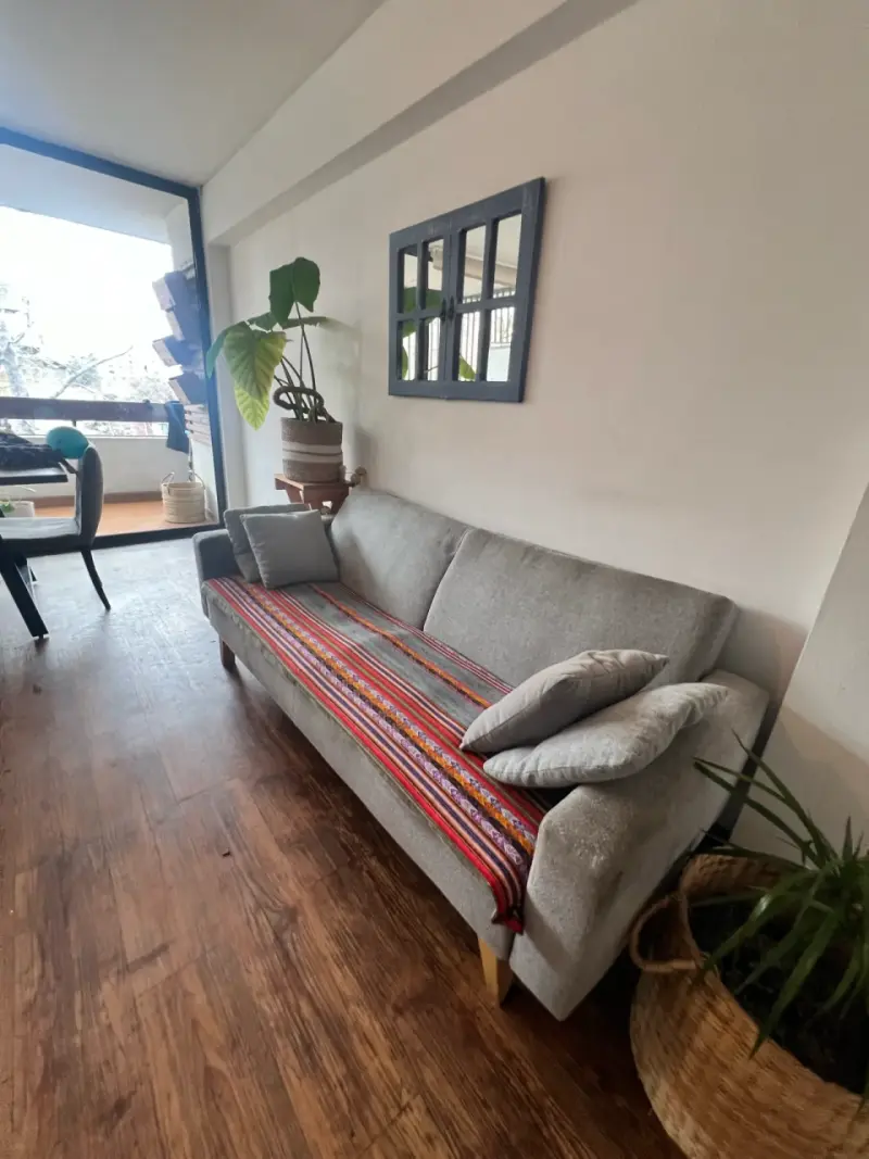 Sofá gris moderno con cojines y manta decorativa - 5