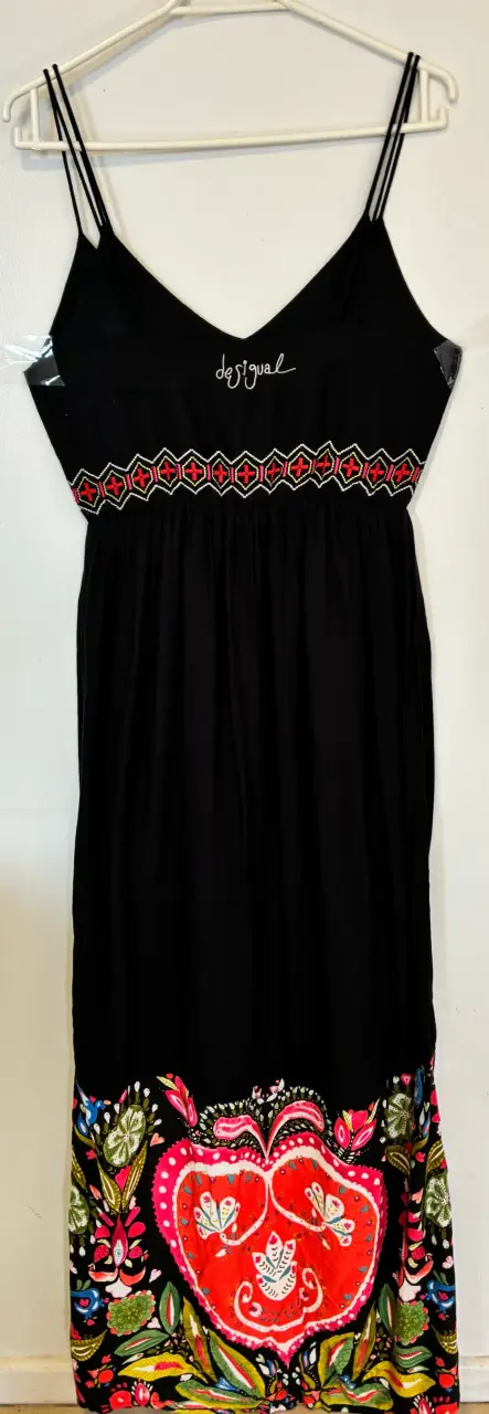 Vestido largo talla 38 negro con bordado colorido - 3