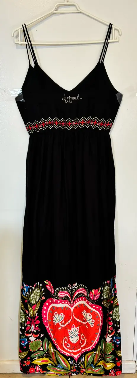 Vestido largo talla 38 negro con bordado colorido - 5