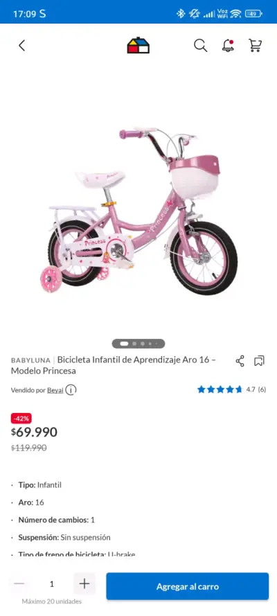 Bicicleta infantil rosa con canasto y rueditas - miniatura 3