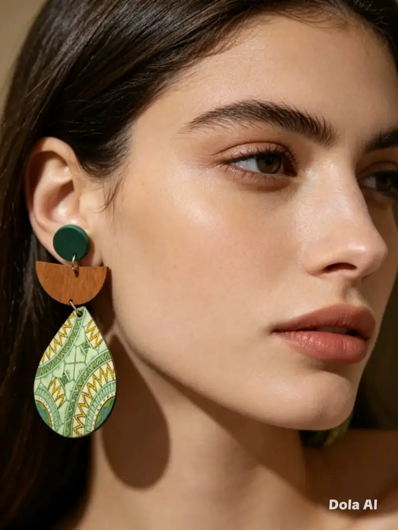 Aros colgantes de madera y tela estampada - 1