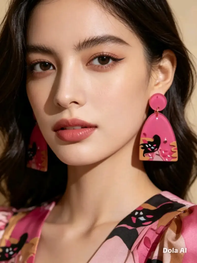 Aros colgantes de acrílico rosa con diseño artístico - 1