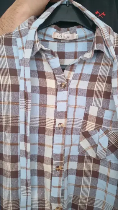Camisa de franela a cuadros marrón y azul - miniatura 5