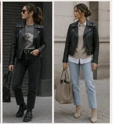 Chaqueta de cuero negra para mujer estilo biker - miniatura 1