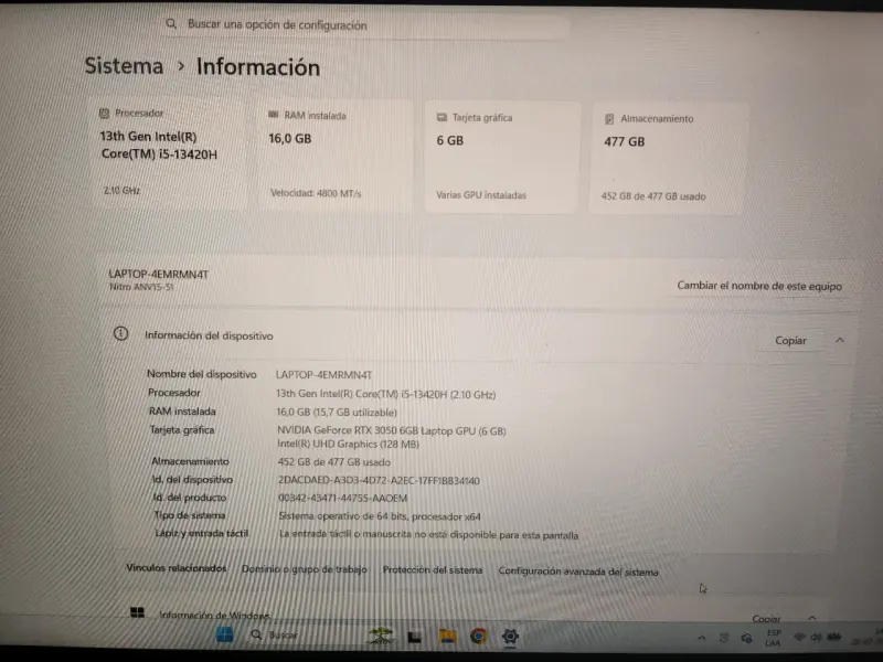 Laptop Gaming Acer Nitro 15 con Intel Core i5 y NVIDIA RTX - 3