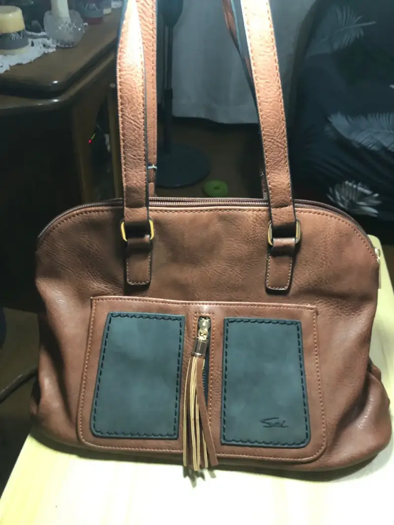Bolso de cuero marrón con detalles azul Sei - 1